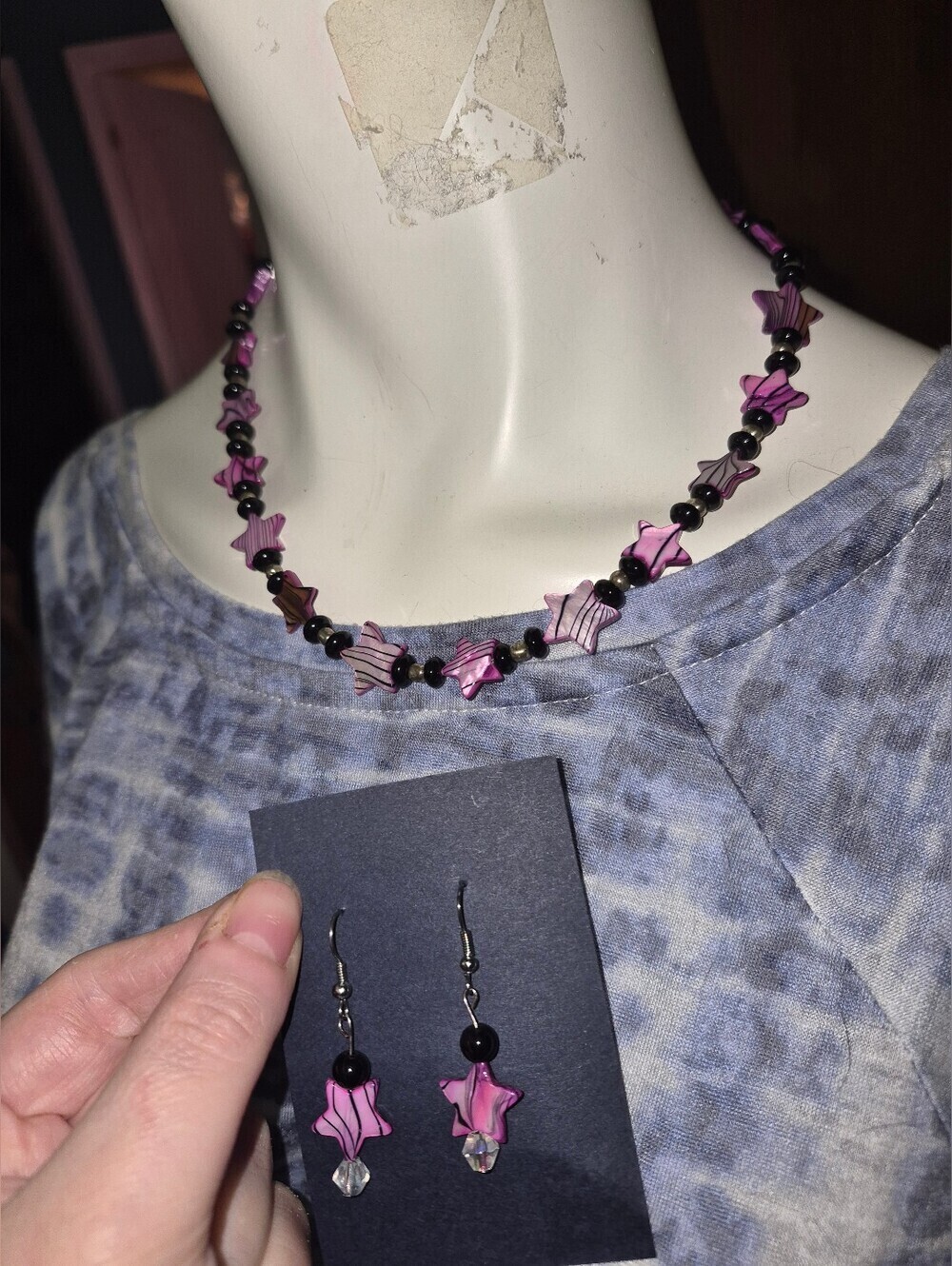 Artisan Glass Purple And Black Swirl Star And Black Bead Necklace And Earrings